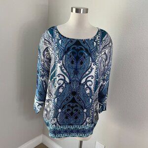 Chicos Womens Large Paisley Blue White Satin Blouse Kimono Sleeve Shirt Tunic